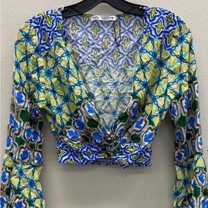 Zara Blue and Yellow Patterned Top
